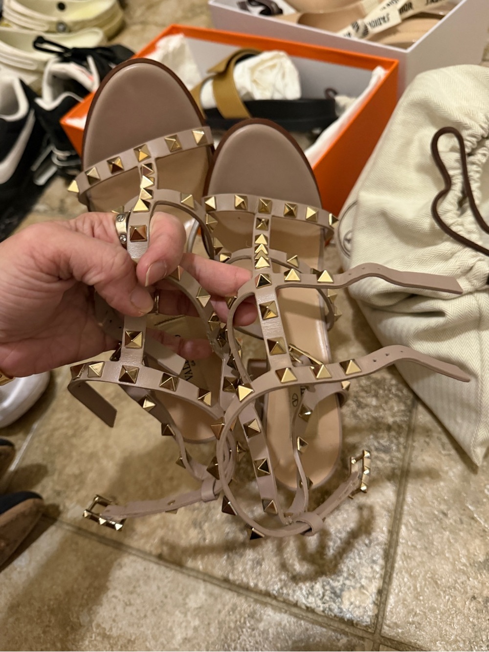 Valentino Blush Nude Rockstud T-Strap Heel Sandals